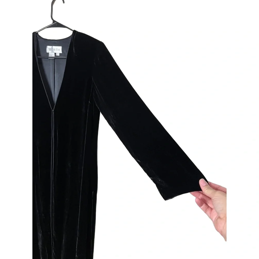 Worth Vintage‎ 90s Black Long Midi Velvet OpenFront Duster Jacket Size 6 - Picture 9 of 9